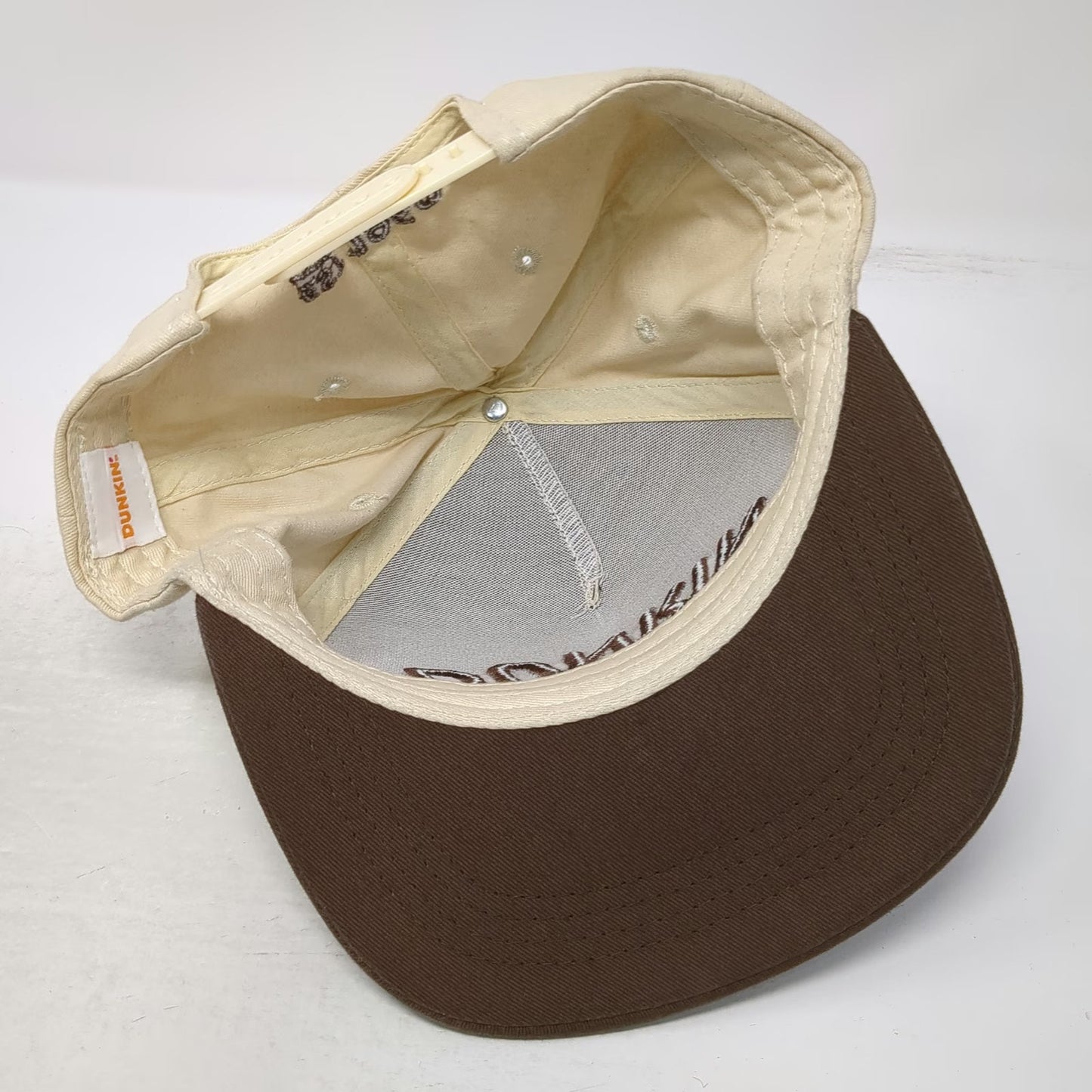 Dunkin' 5 Panel Hat Beige One Size Snapback Upside Down Logo Brown Brim Est 1950