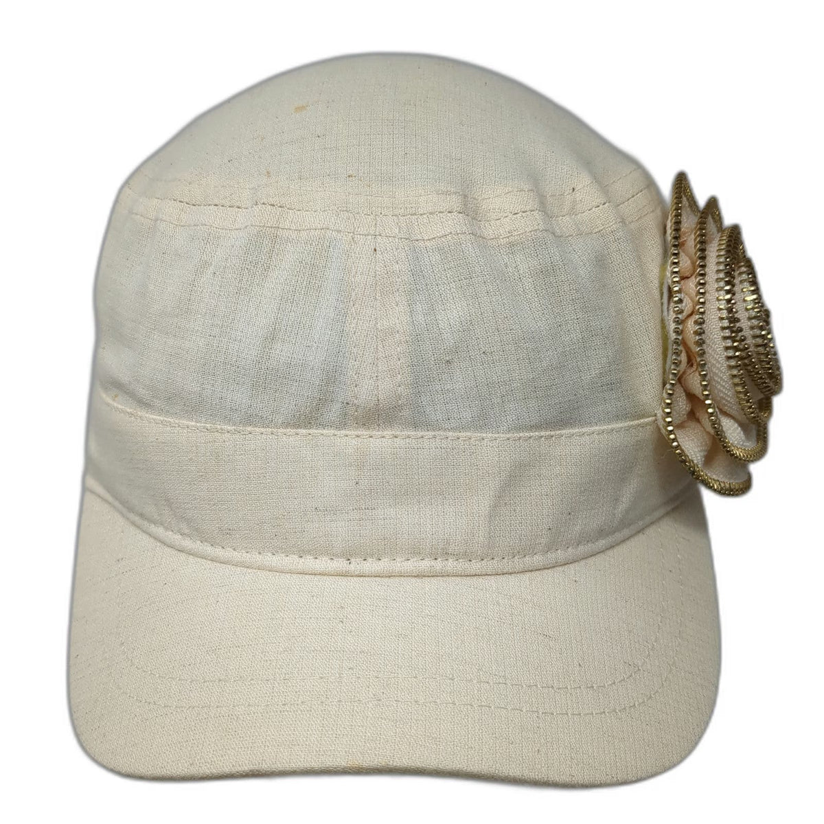 Beige Army Cap One Size Hat Flower Gold Zipper Trim Accent Cadet Elastic Back