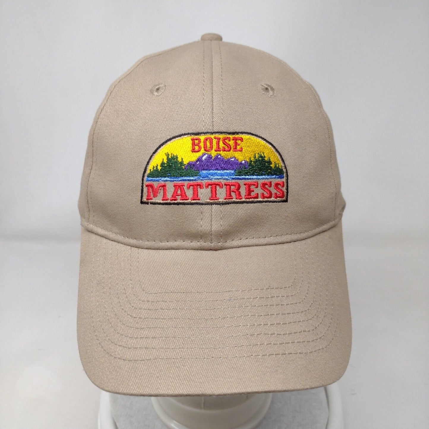 Boise Mattress Strapback Hat Tan OSFA Adjustable Embroidered 6 Panel Cotton