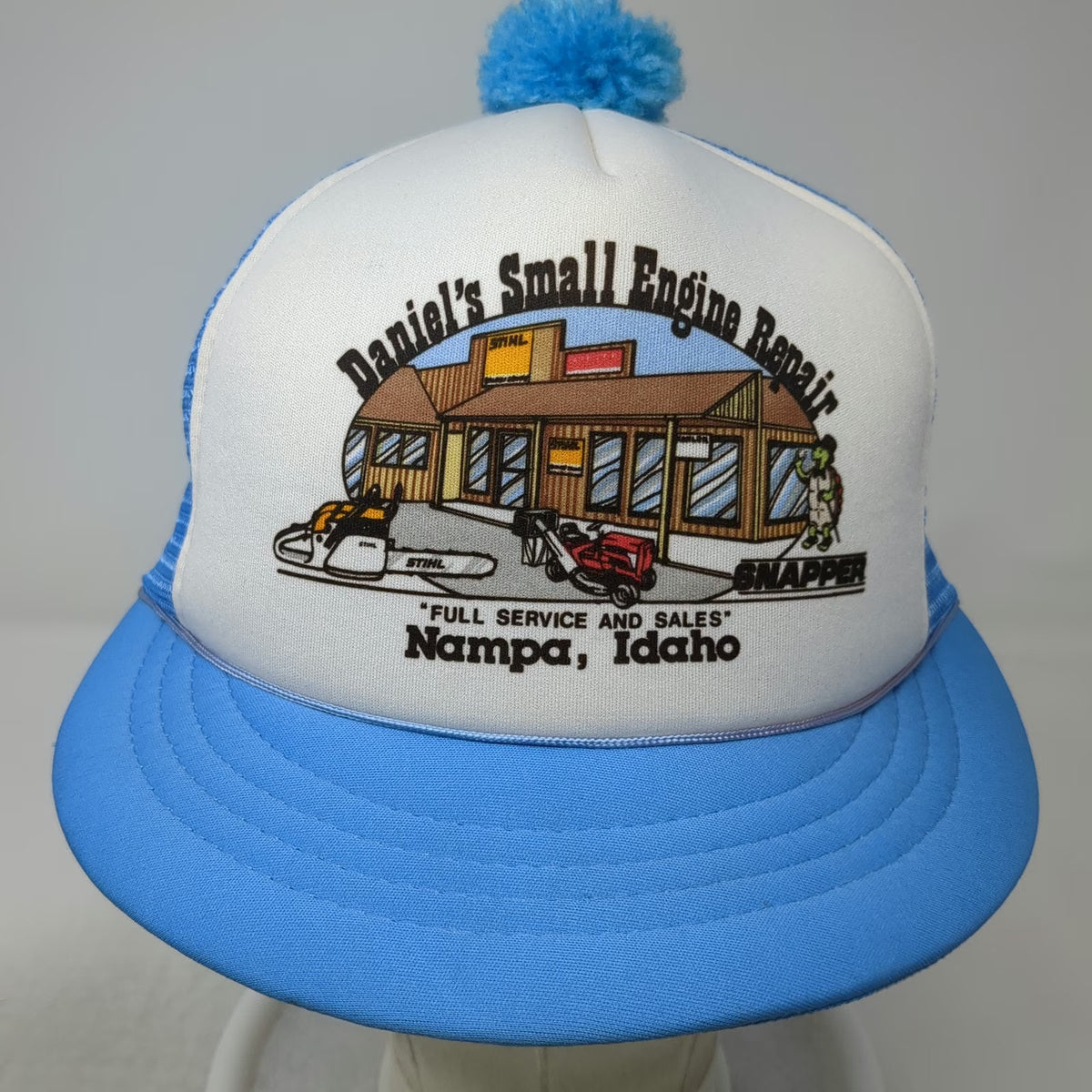 Ad Wear Trucker Hat Blue OS Pom-Pom Daniels Small Engine Repair Nampa ID Vintage