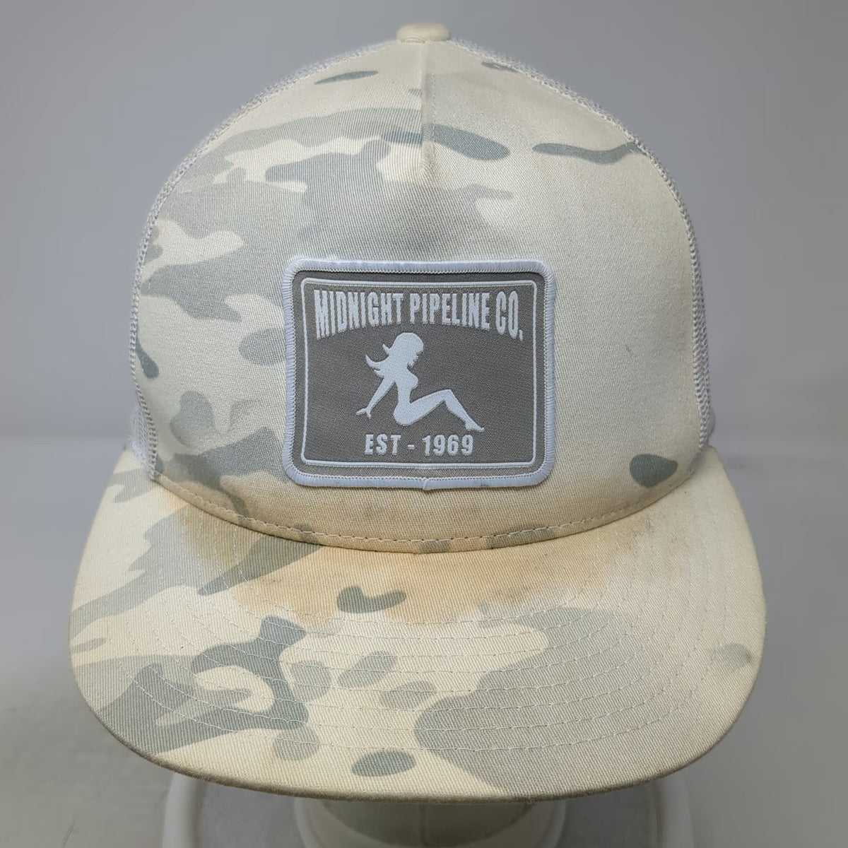Yupoong Trucker Hat Beige Gray Camo One Size Midnight Pipeline Mudflap Girl