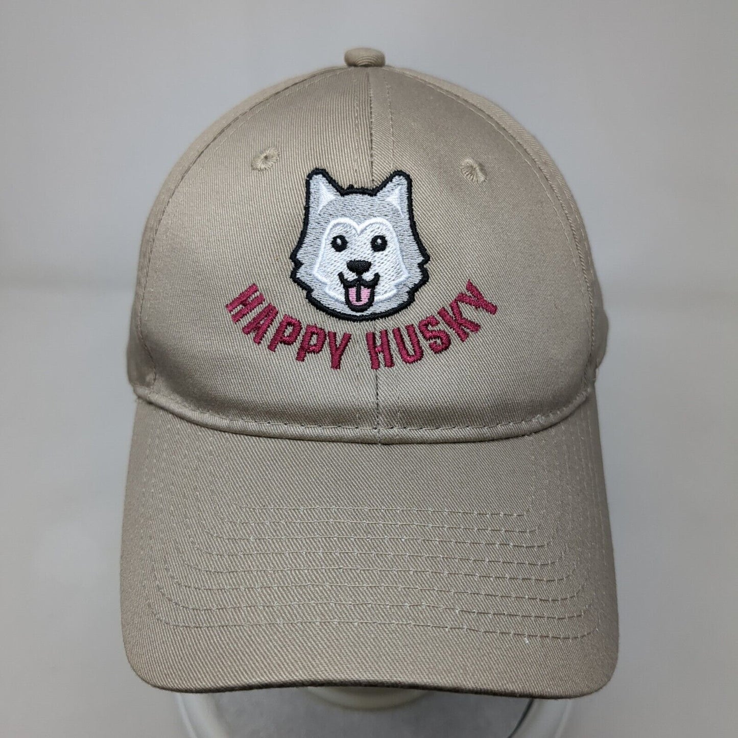 Happy Husky Strapback Hat Tan OSFA Adjustable Embroidered Port & Company Cotton