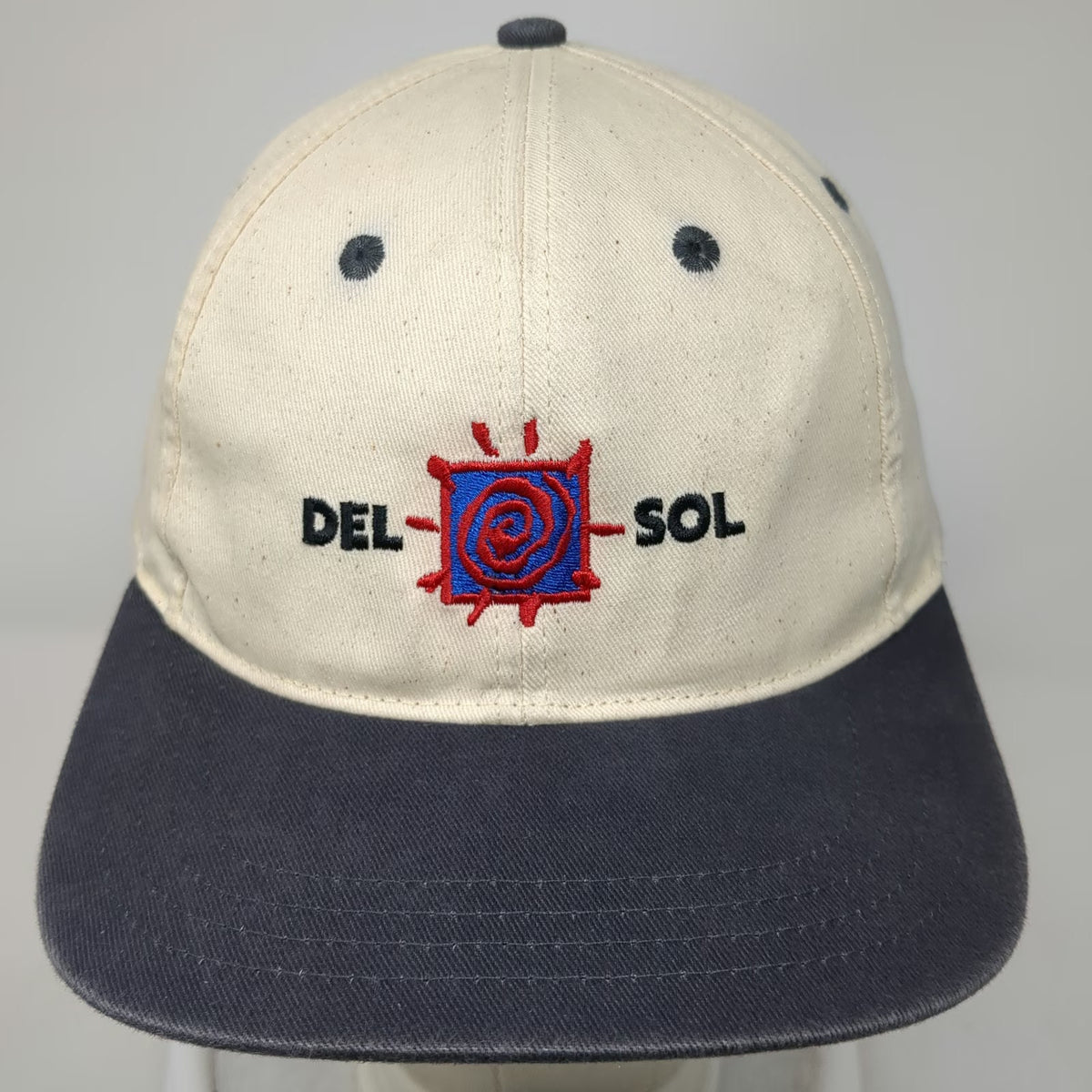 Del Sol Baseball Cap Beige One Size Blue Contrast Brim Embroidered Sun Logo Hat