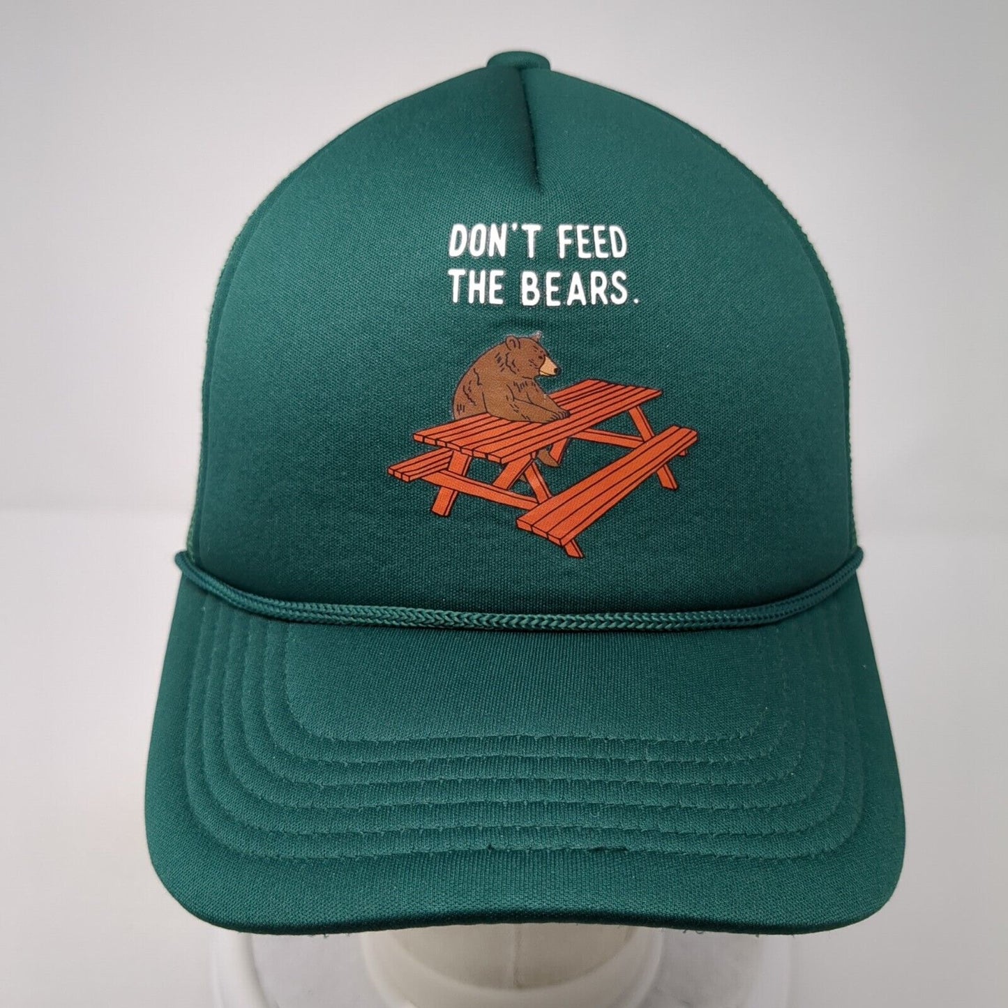 Don't Feed The Bears Snapback Rope Trucker Hat Green One Size Mesh Back
