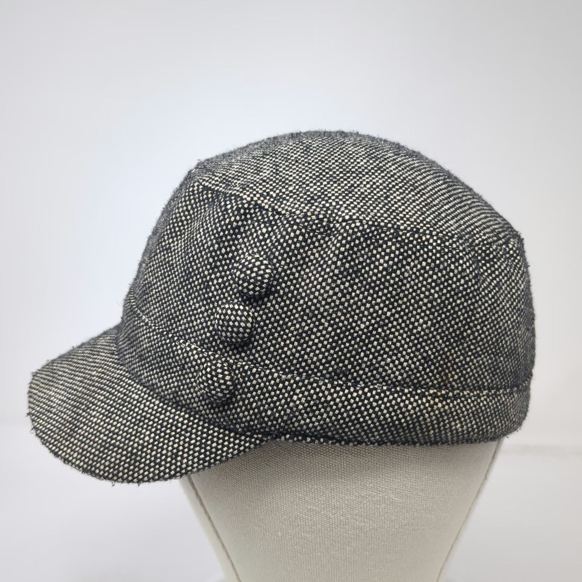 Army Cap Black White One Size Tweed Woven Fabric Side Buttons Cadet Hat