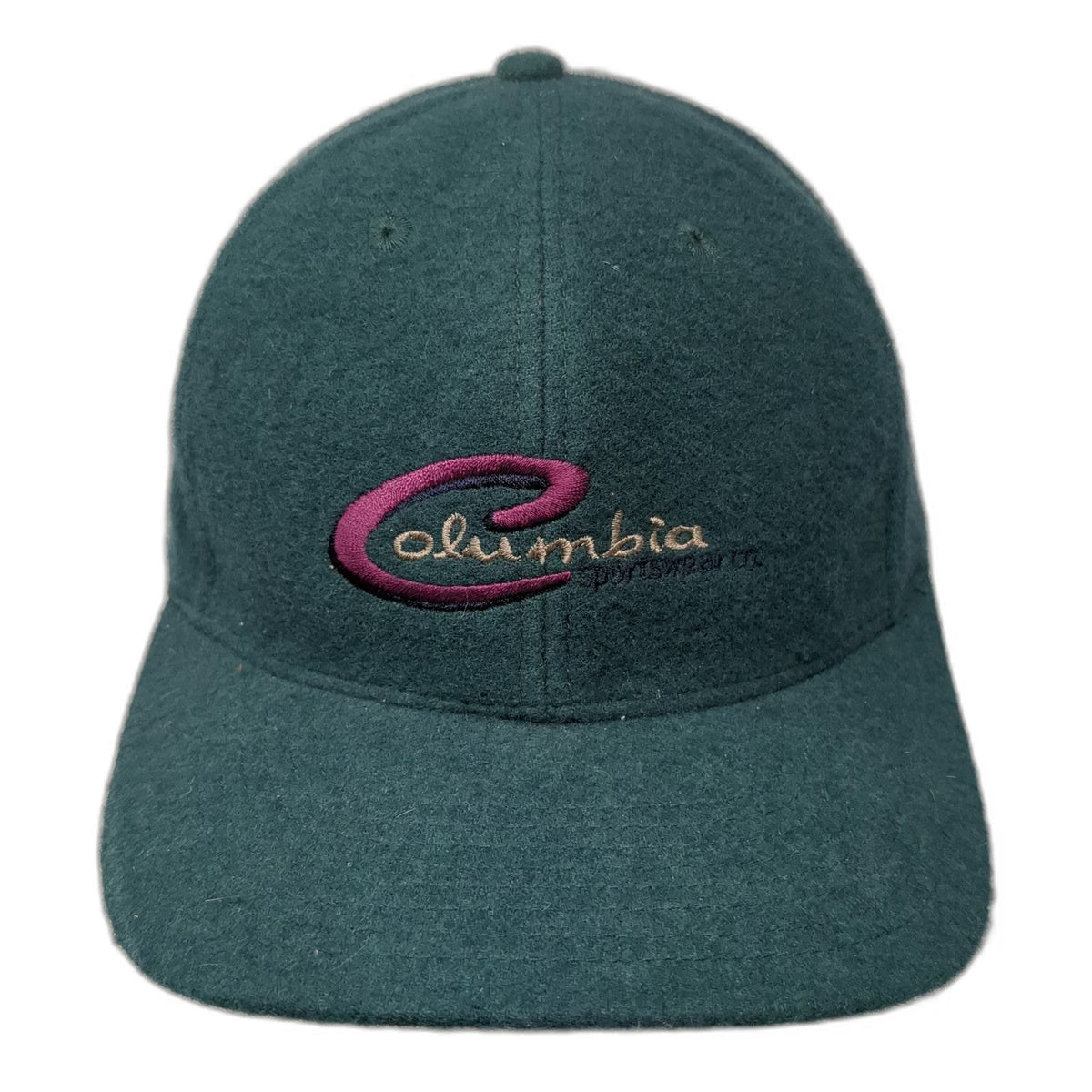 Columbia Baseball Cap Green One Size Wool Blend Leather Strapback Hat Logo