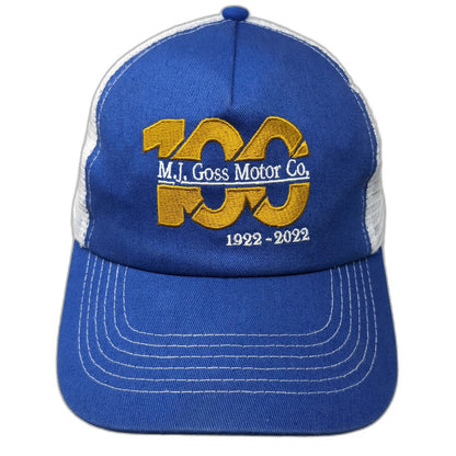 Hit Wear Trucker Hat Blue Gold White One Size M.J. Goss Motor Co 100 Anniversary