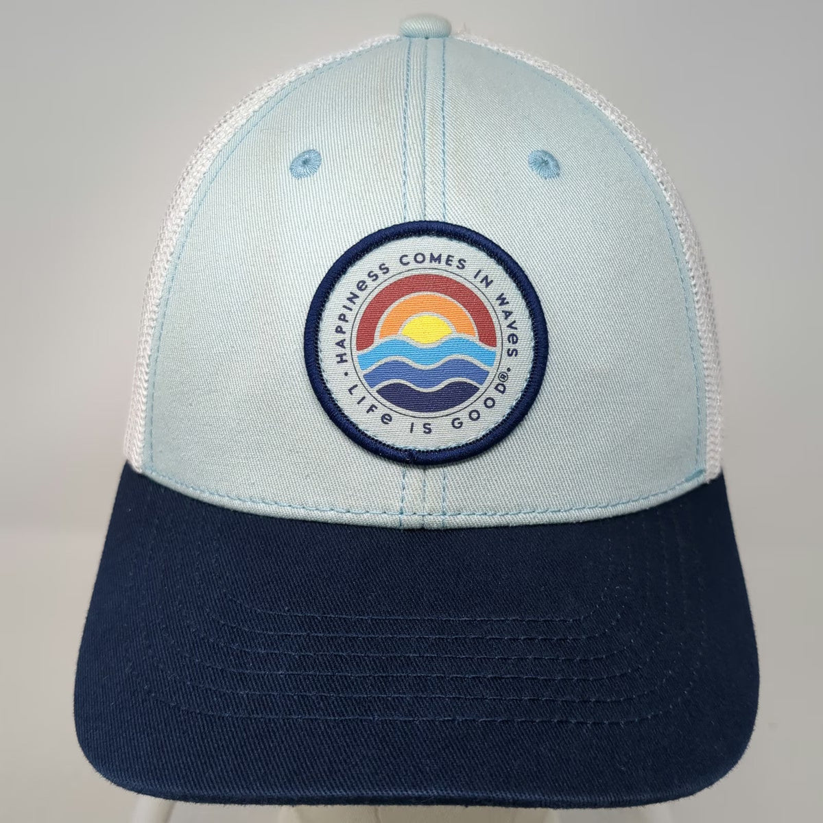 Life is Good Trucker Hat Blue One Size Happiness Comes In Waves Mesh Snapback