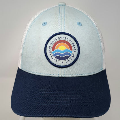 Life is Good Trucker Hat Blue One Size Happiness Comes In Waves Mesh Snapback