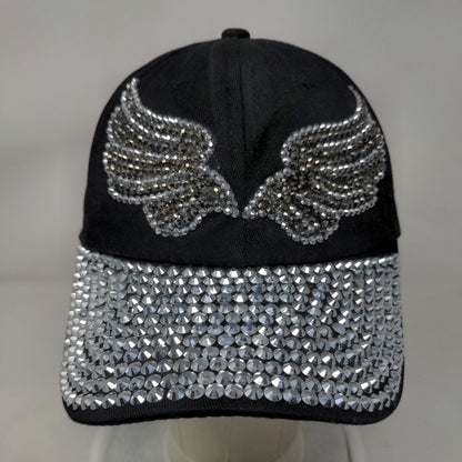 Angel Wings Slideback Hat Black One Size Adjustable Bling Rhinestone 6 Panel