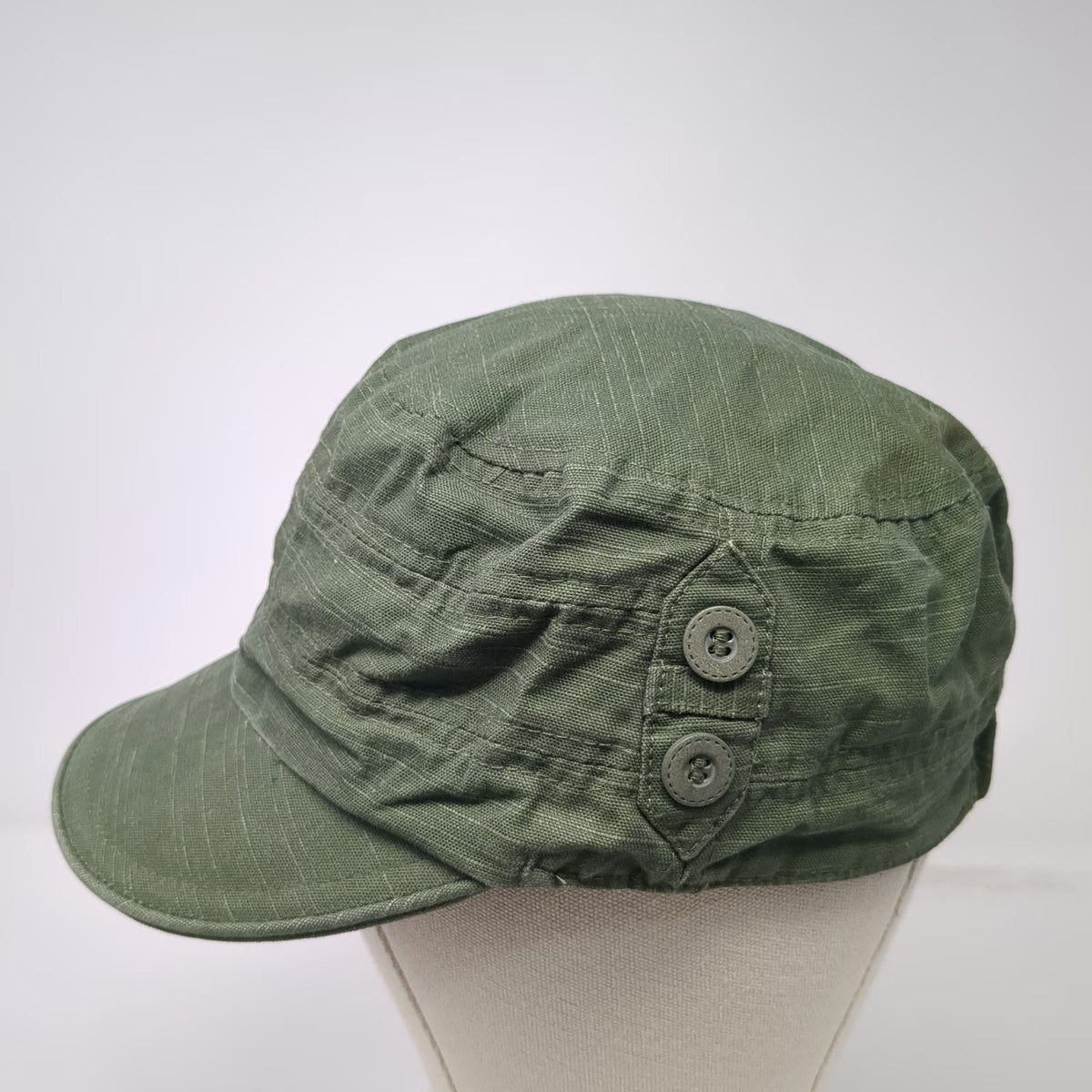 Army Cap Hat Green One Size Side Buttons Elastic Back Gathered Crown Plain Top