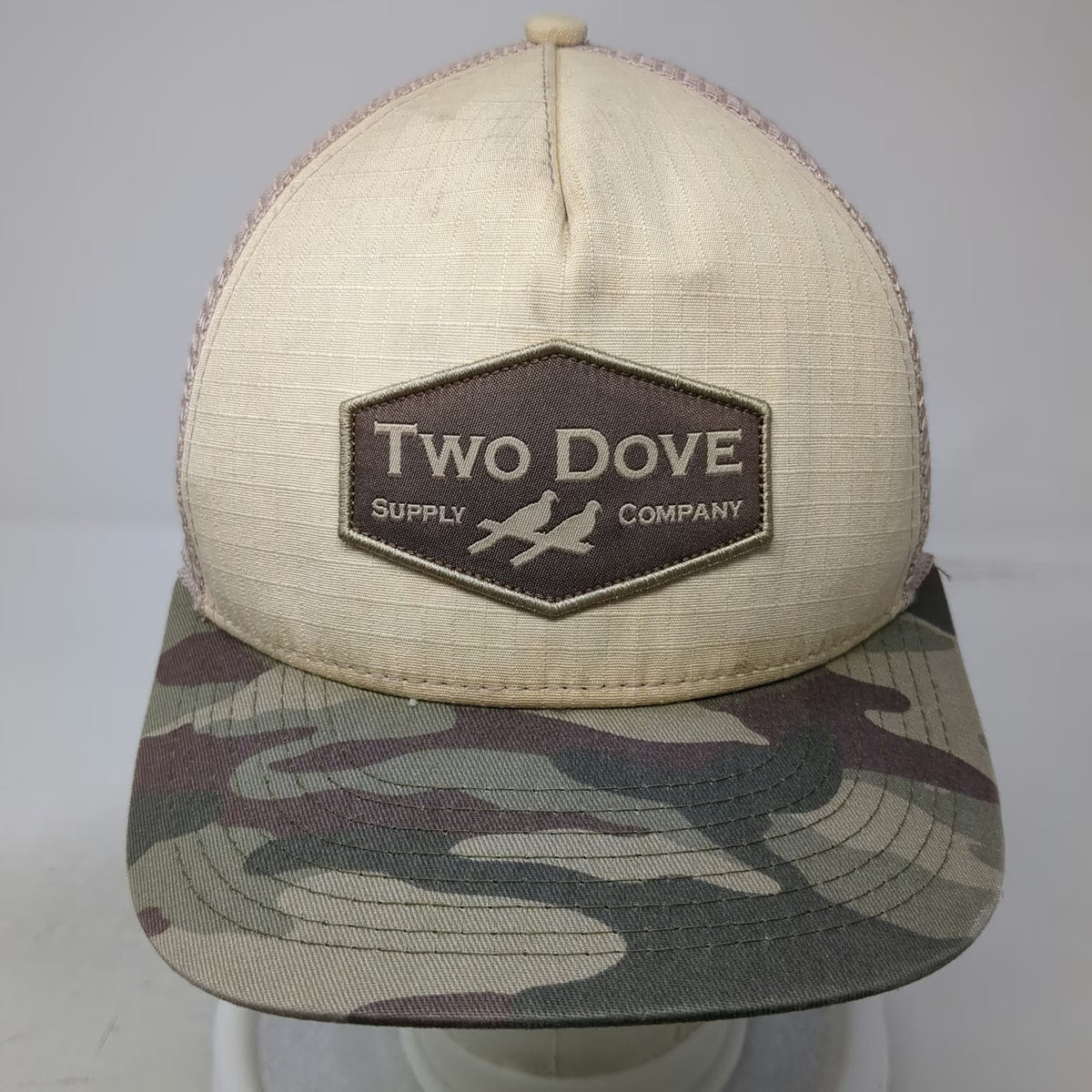 Two Dove Supply Company Trucker Hat Beige Camo One Size Mesh Snapback