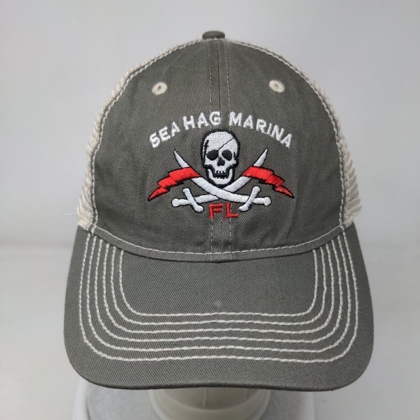 Sea Hag Marina FL Skull Trucker Hat Gray OSFA Adjustable Mesh Back 6 Panel
