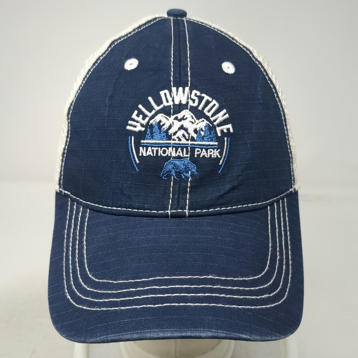 Fair Mountain Trucker Hat Blue White One Size Yellowstone National Park Bear