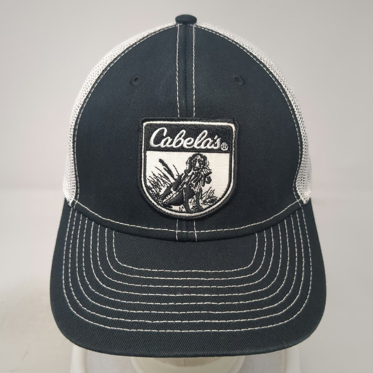 Cabela's Trucker Hat Black One Size Hunting Dog Mesh Snapback Contrast Stitch