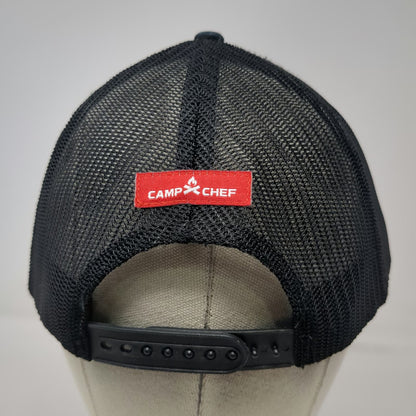 Camp Chef Trucker Hat Black One Size Mesh Back Embossed Leather Patch Snapback
