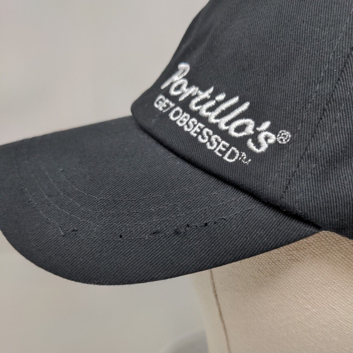Portillos Slideback Hat Black Embroidered Employee Uniform Logo Adjustable