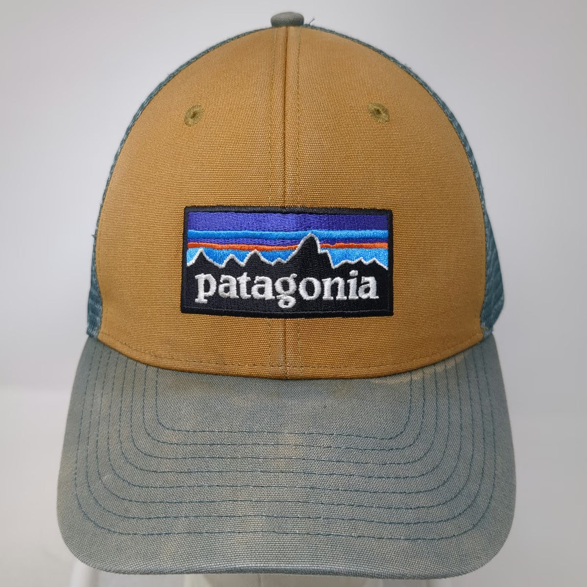 Patagonia Trucker Hat Brown Blue One Size Mesh Back Snapback Mountain Logo