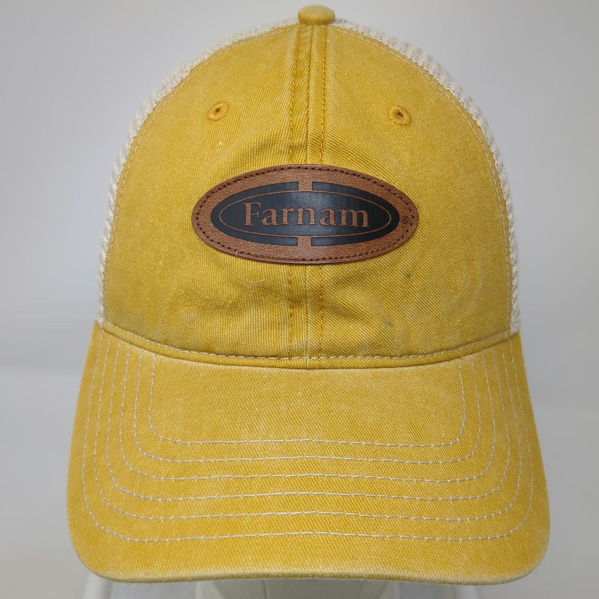 Farnam Trucker Hat Yellow OSFM Leather Patch Mesh Back Snapback Horse Care Cap