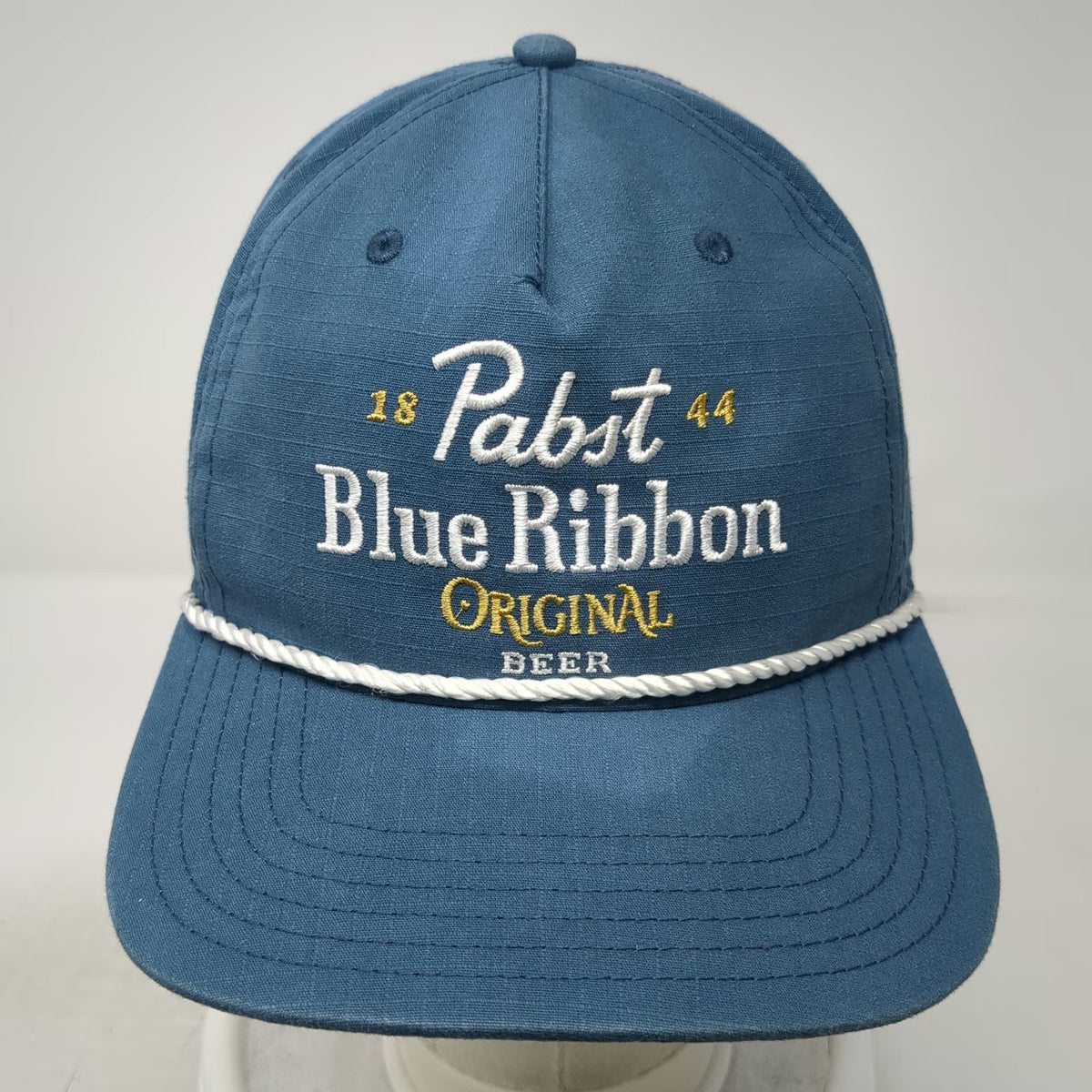 Pabst Blue Ribbon 5 Panel Hat One Size Snapback Rope White Beer Logo Gold Brim