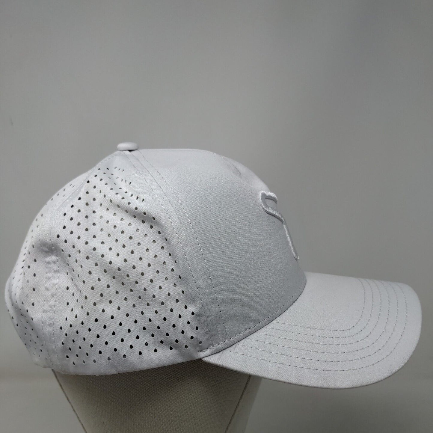 RepCard Snapback Hat White One Size Embroidered Logo Laser Cut