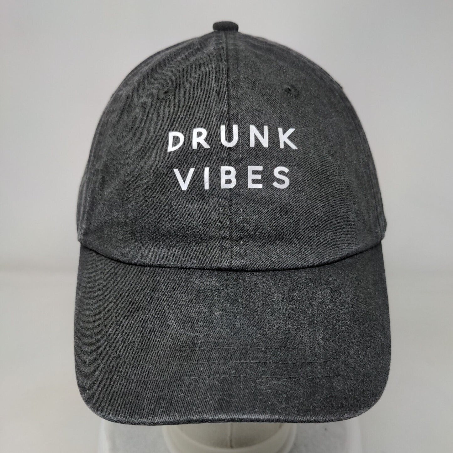 Drunk Vibes Slideback Hat Gray One Size Leather Strap Lined Adams