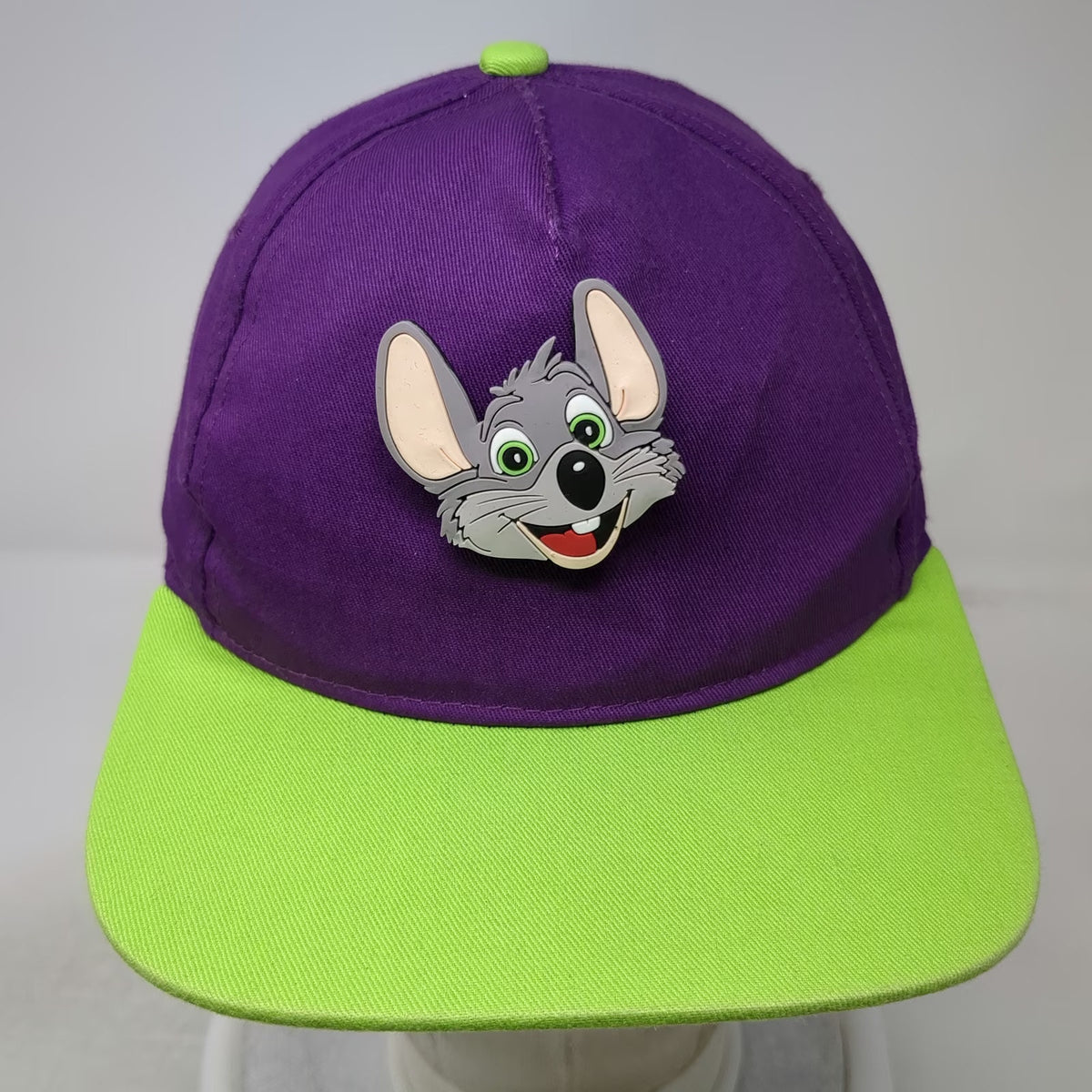 Chuck E. Cheese Boys 5 Panel Purple Hat Green Snapback Rubber Mascot Logo