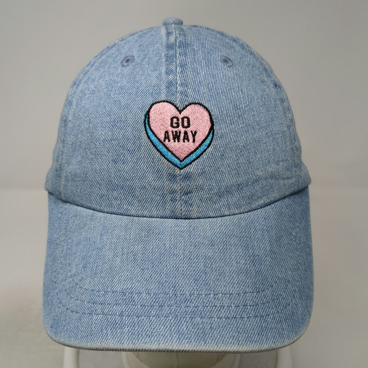 HG Baseball Cap Blue One Size Go Away Heart Embroidered Denim Slideback Hat