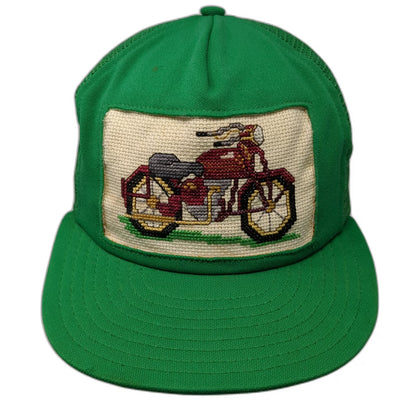 Seebo's Creations Trucker Hat Green Motorcycle Needlepoint Patch USA Vintage
