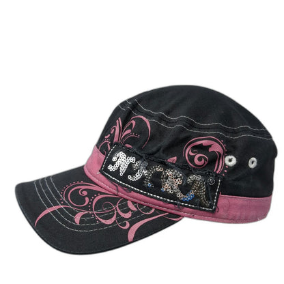 Main Gate Black Army Cap One Size NHRA Sequin Hot Rod Diva Pink Filigree Hat