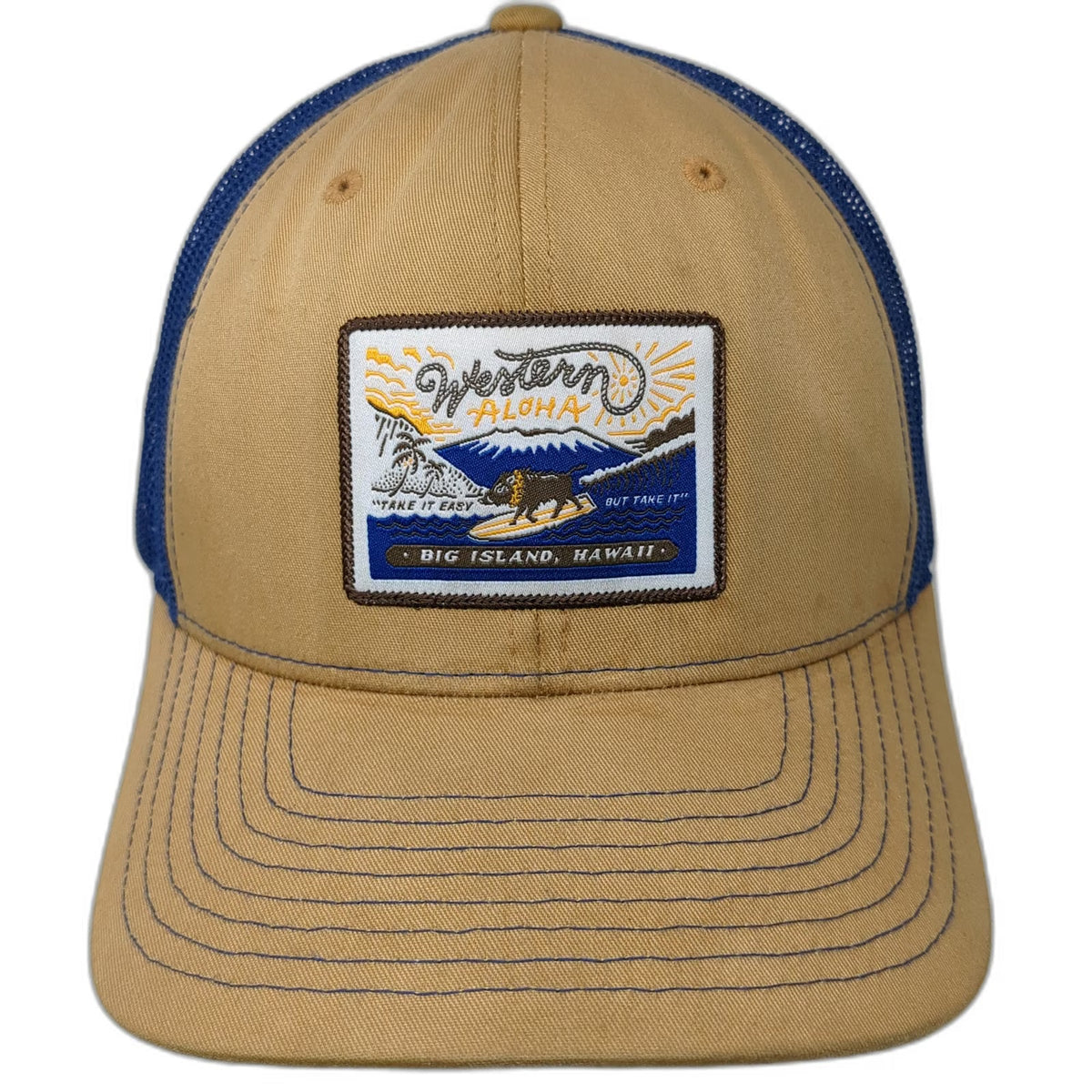 Western Aloha Trucker Hat Brown Blue One Size Big Island Hawaii Surf Board Patch