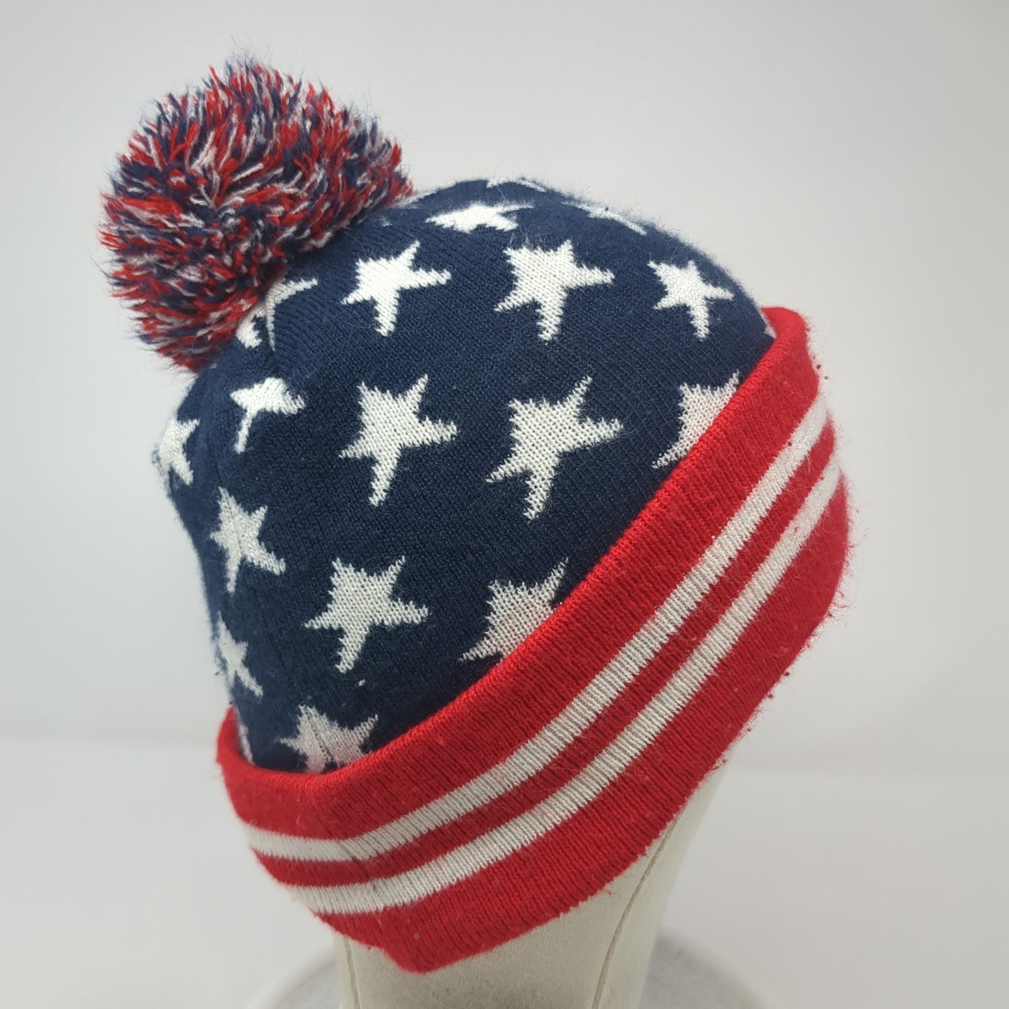 American Flag Beanie Hat Multicolor One Size Stretch Knitted Patriotic Pom Pom