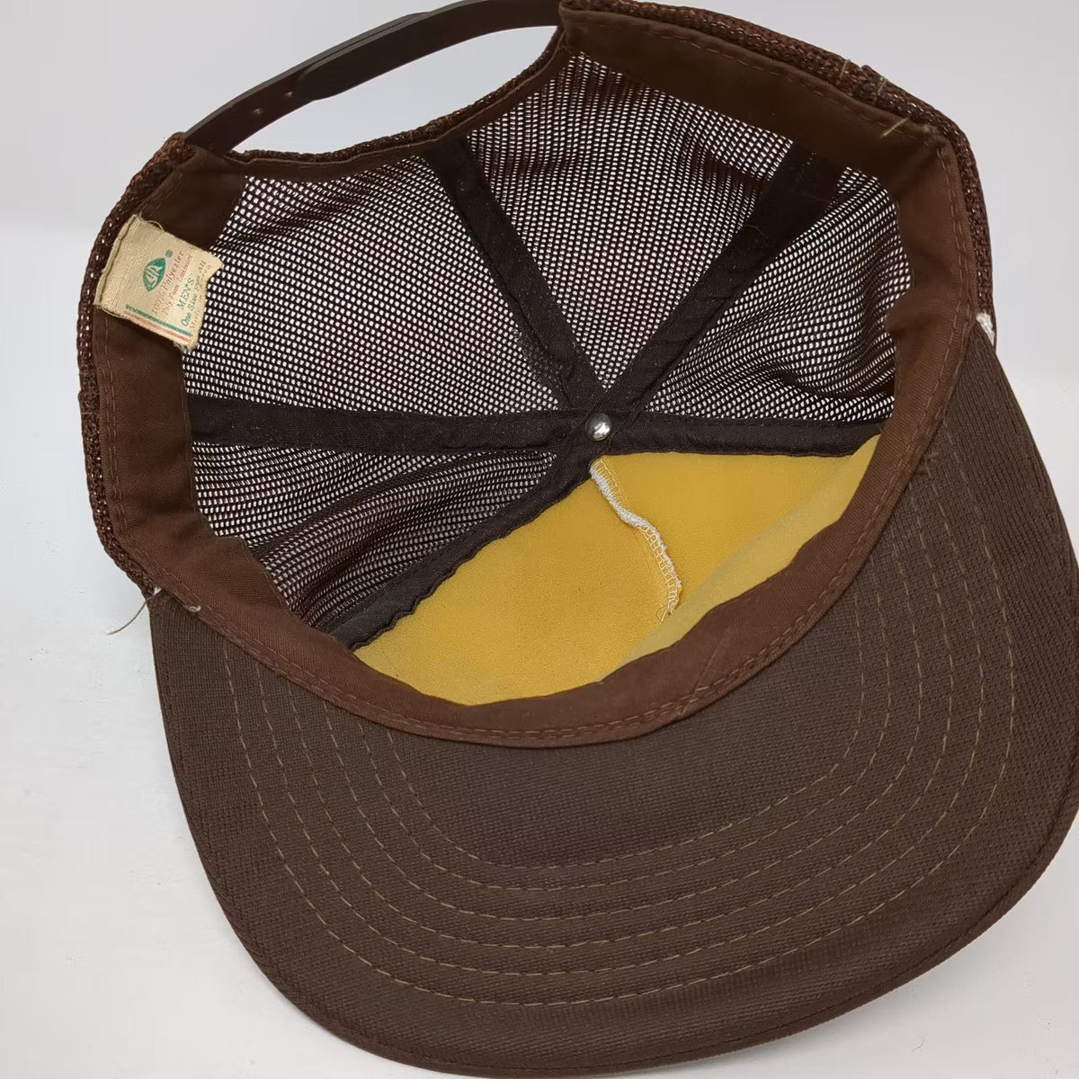 Young An 4 Square Builders Logo Mesh Back Trucker Hat Brown White OSFM Snapback