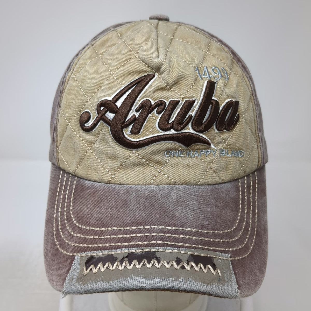 Brown 5 Panel Aruba One Happy Island Hat One Size Quilted Distressed Strapback