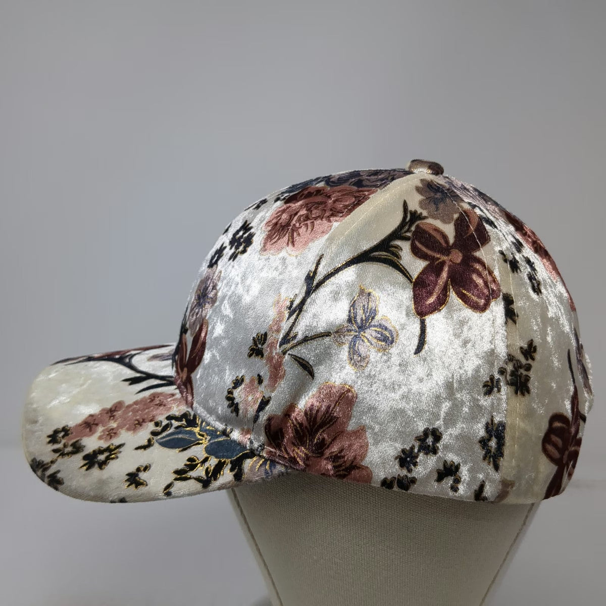 Baseball Cap White OSFM Crushed Velvet Floral Pattern Metallic Gold Roses Hat