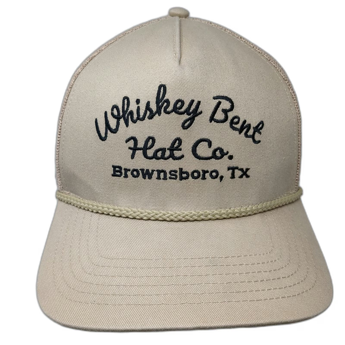 Whiskey Bent Trucker Hat Beige One Size Snapback Rope Brownsboro TX Logo Mesh