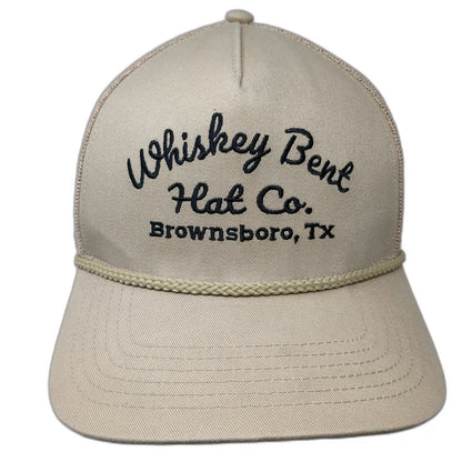 Whiskey Bent Trucker Hat Beige One Size Snapback Rope Brownsboro TX Logo Mesh
