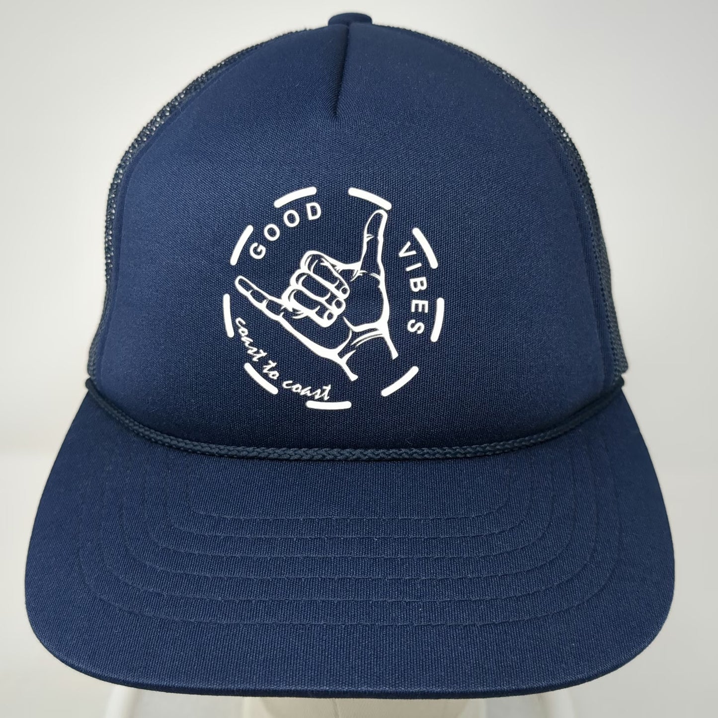Richardson Trucker Hat Blue One Size Shaka Good Vibes Coast to Coast Mesh Rope