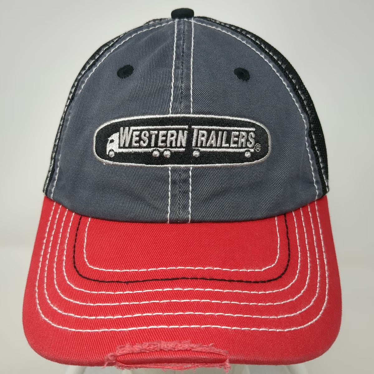 K-Products Baseball Cap Gray Red OSFM Western Trailers Semi Truck Mesh Logo Hat