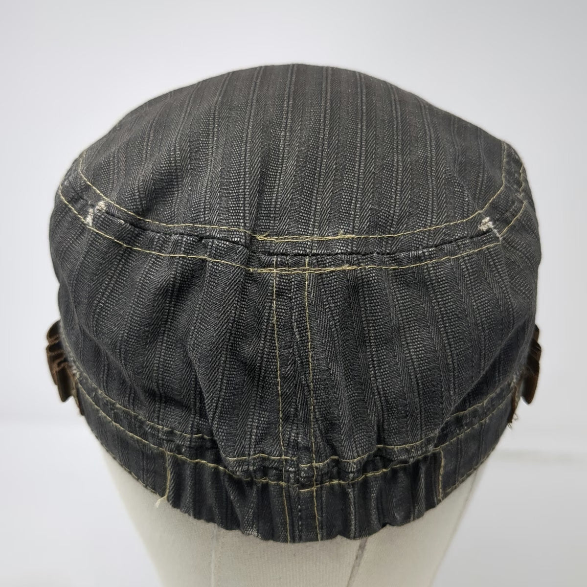Army Cap Gray OSFM Herringbone Distressed Frayed Studs Red Gold Stitching Hat