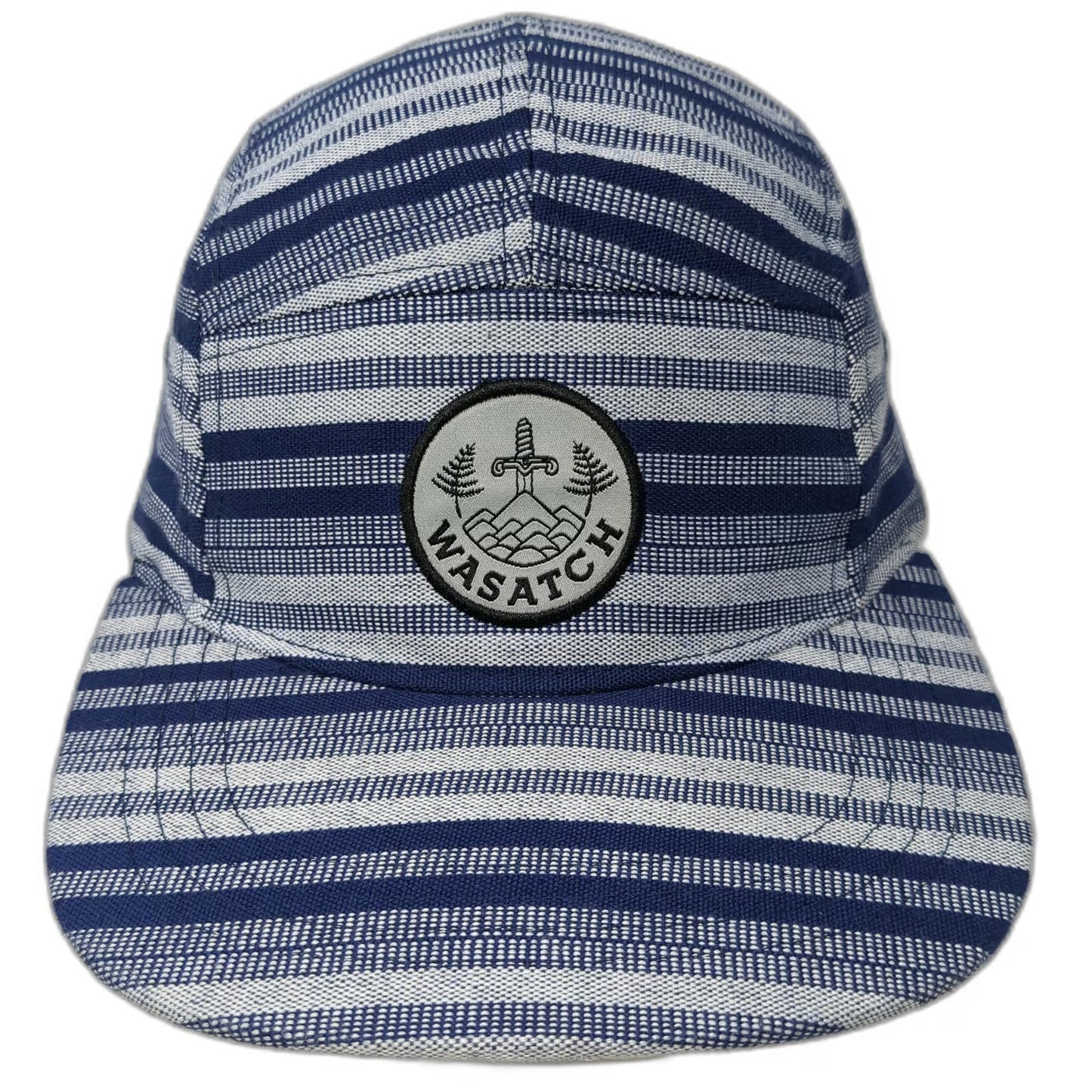 Discrete 5 Panel Hat Blue One Size Wasatch Mountain Patch Striped Flat Brim