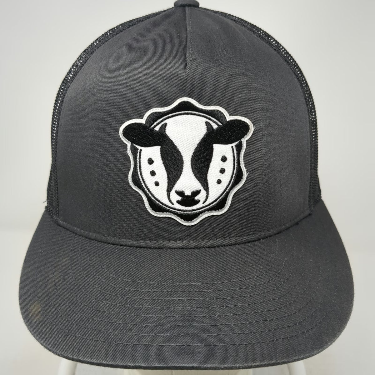 Yupoong Trucker Hat Gray One Size Snapback Mesh Embroidered Cow Logo Animal Farm