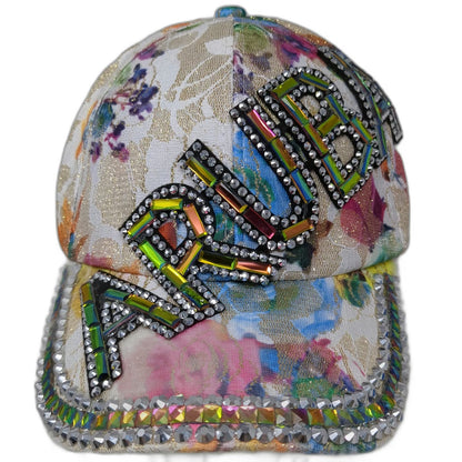 White Baseball Cap OSFM Aruba Rhinestone Gem Floral Sparkle Bling Embellished