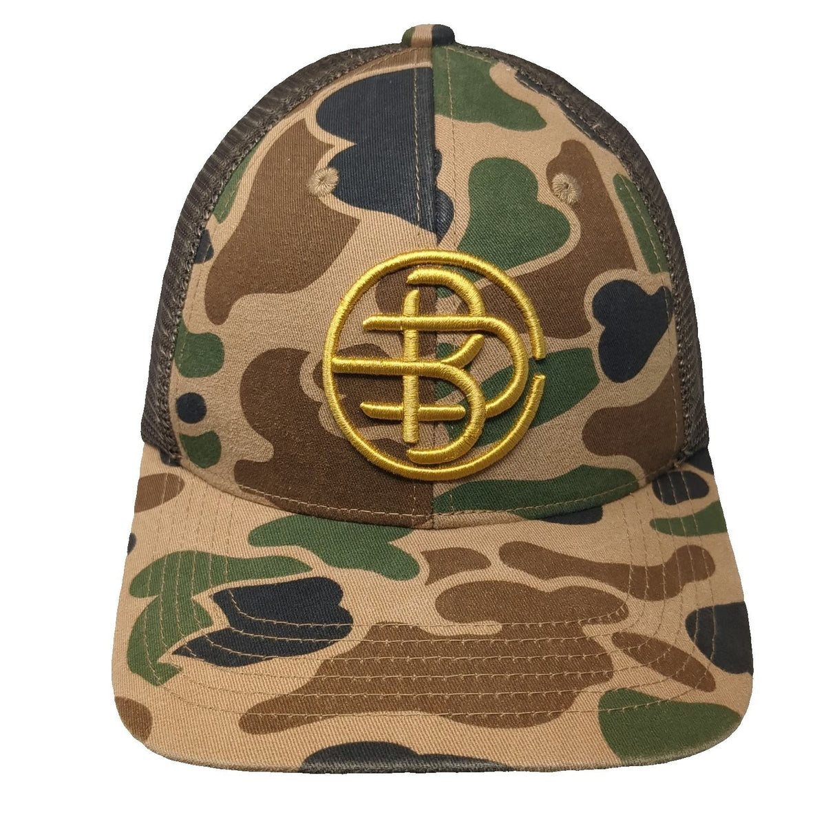 Blackwood Distilling Co. Trucker Hat Brown Camo One Size Mesh Back Gold Logo Hat