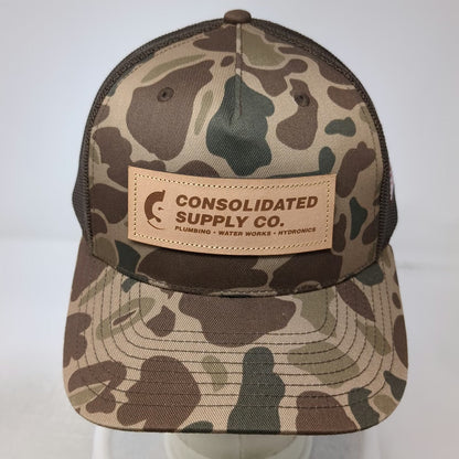 Richardson Trucker Hat Brown One Size Camo Leather Patch American Flag Plumbing
