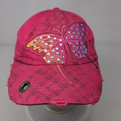 Butterfly Rhinestone Bling Slideback Hat Pink One Size Adjustable Distressed