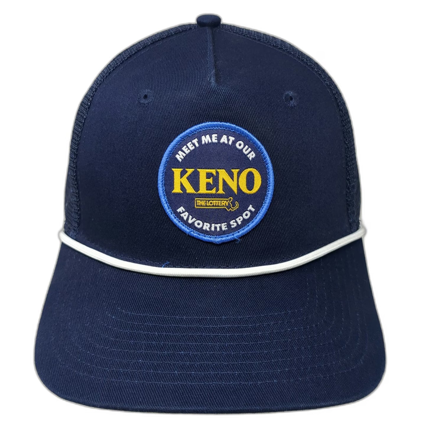 Blue Trucker Hat One Size Mesh Snapback Rope Keno Lottery Massachusetts Patch