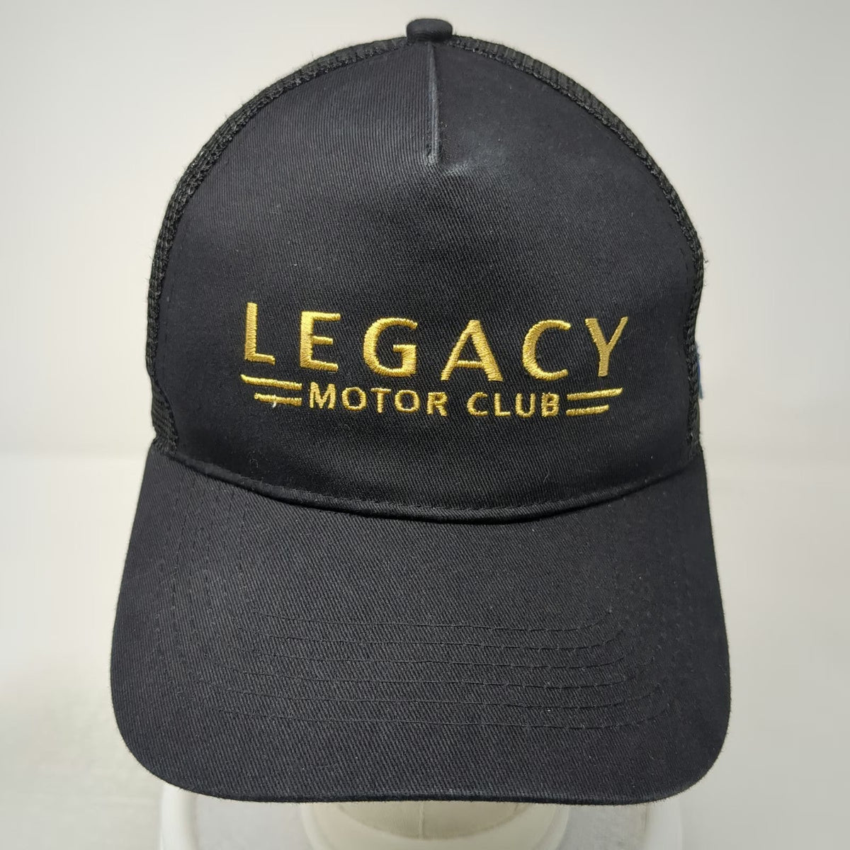 Legacy Motor Club Trucker Hat Black One Size Mesh Back Snapback Gold Embroidery