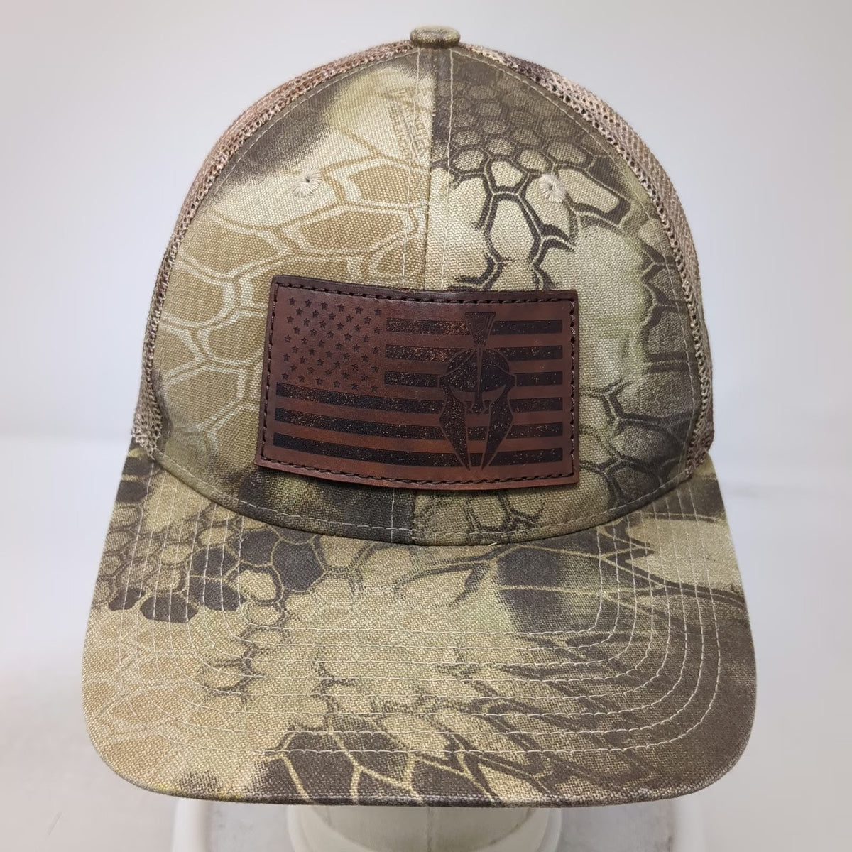 Outdoor Cap Trucker Hat Beige Green One Size Camo Spartan American Flag Patch