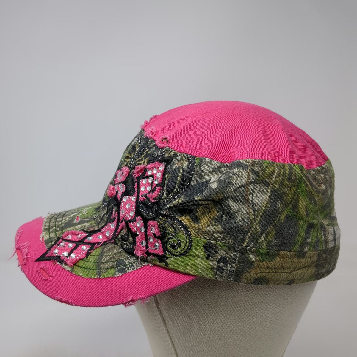KBETHOS Army Cap Pink One Size Rhinestone Cross Mossy Oak Camo Frayed Hat